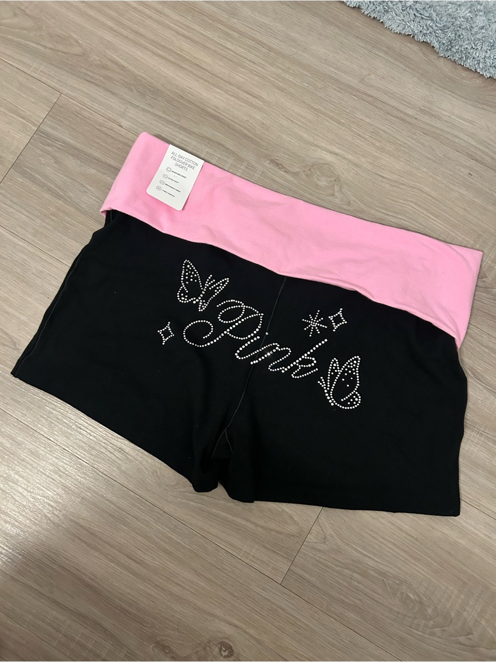 Victoria's Secret Pink Fold-Over Waist Black Bike Shorts with Rhinestone Script
